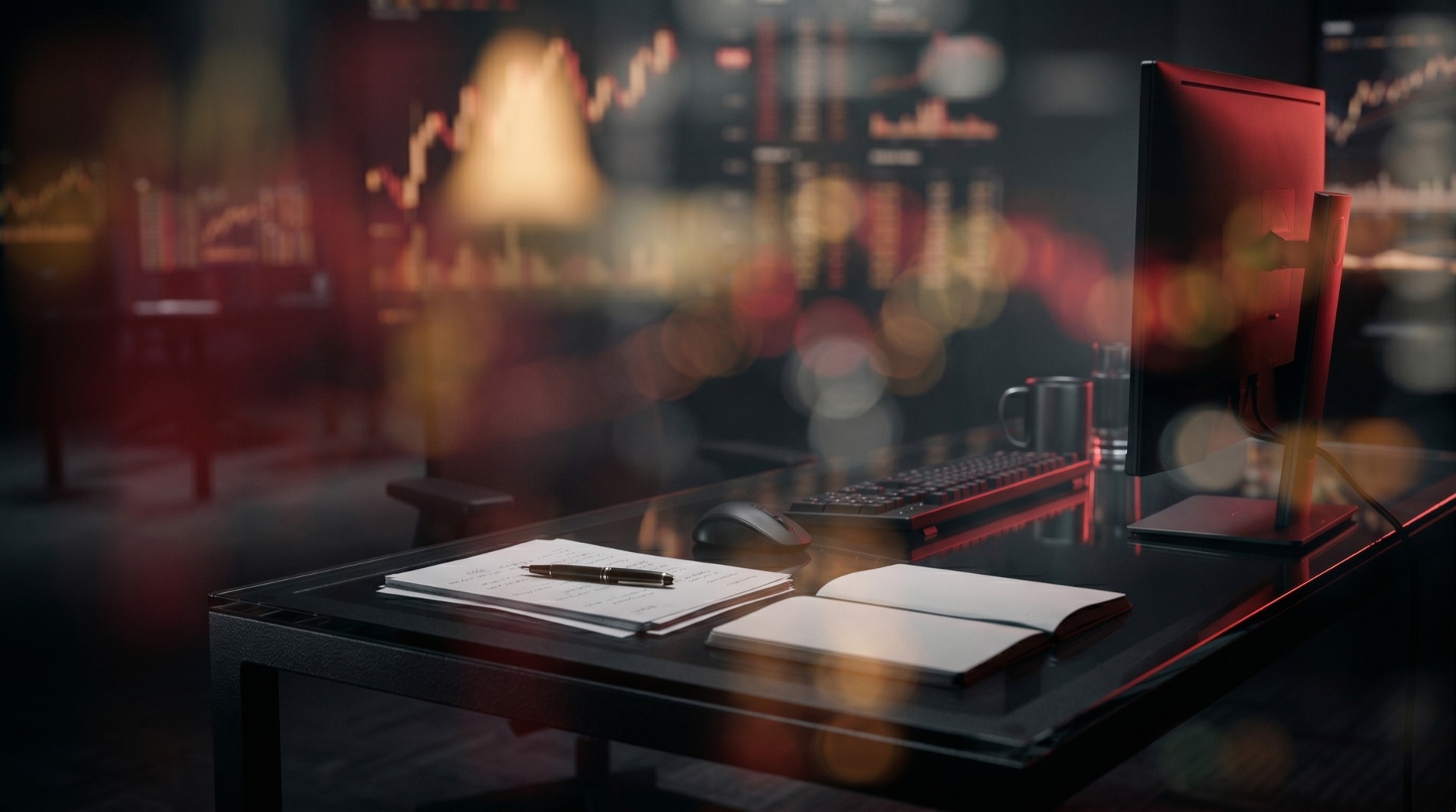 A research analyst's desk at night, lit by the red glow of a market terminal